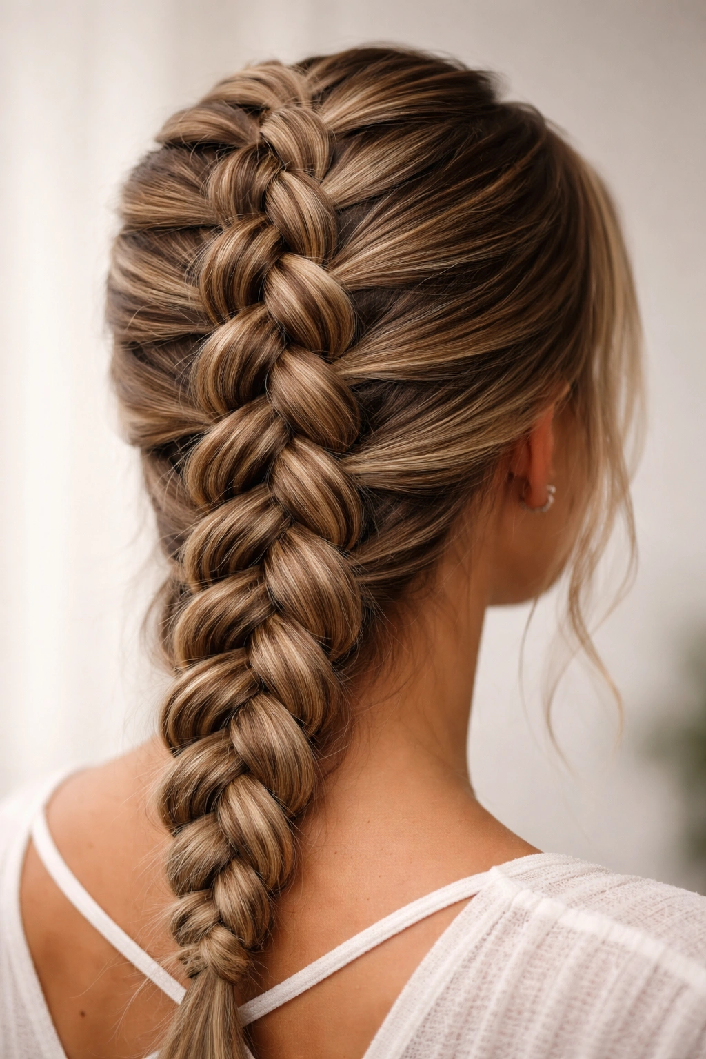 Close-up of a raised Dutch braid along the scalp with textured hair