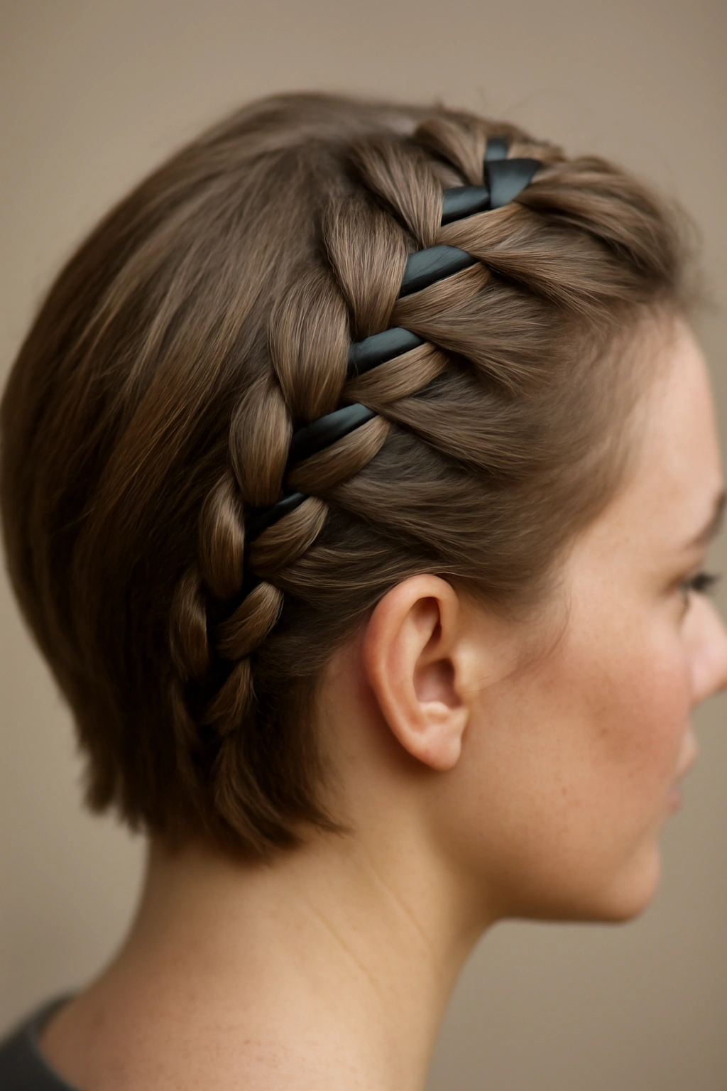12 Braided Short Hairstyles That Actually Stay Put 3 Close-up of Dutch braid with ribbon woven through on short hair