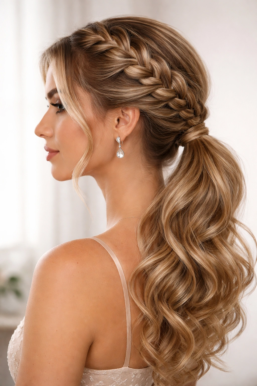 Dutch braid along the temple transitioning into a side ponytail