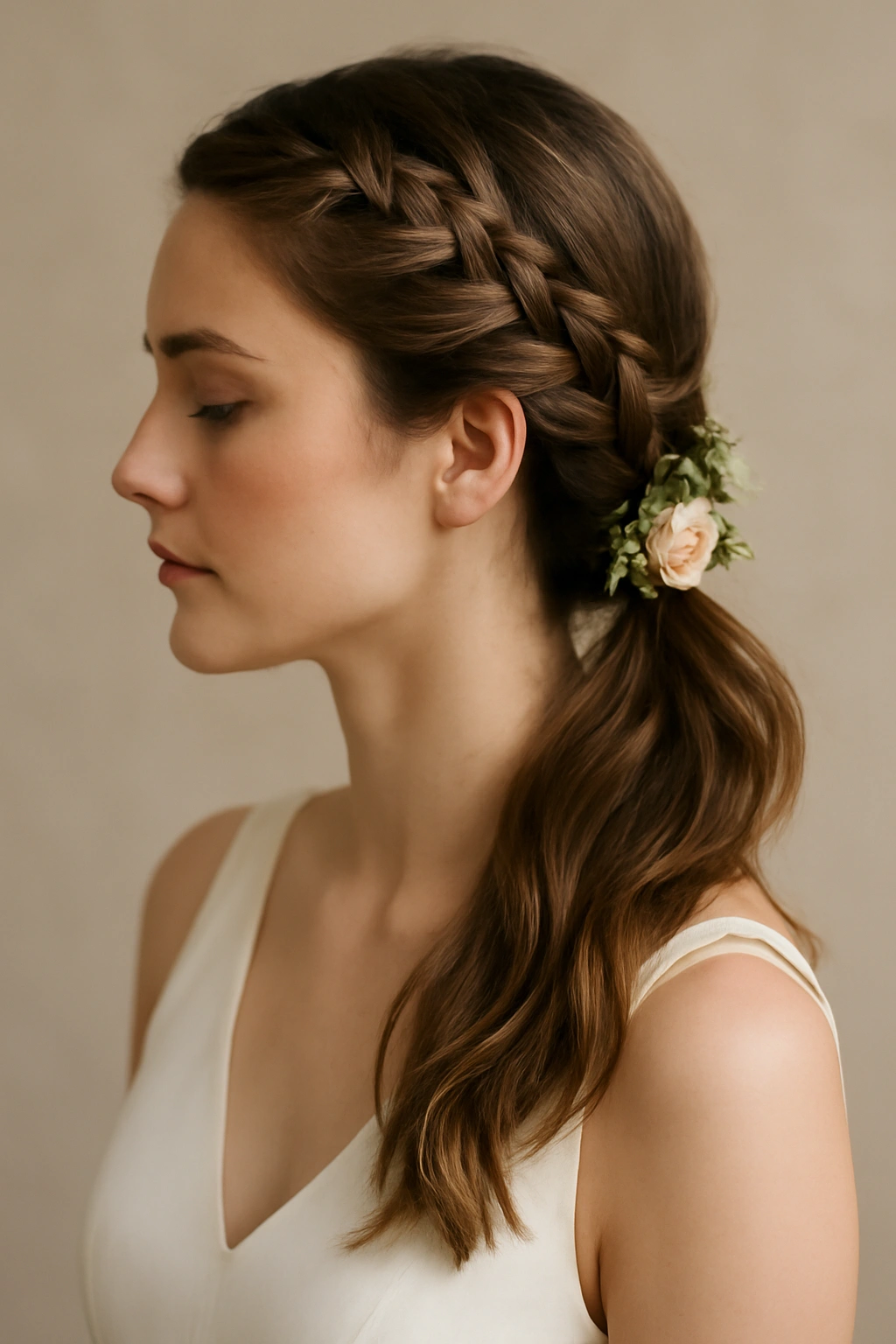 Dutch braid along the head flowing into a side ponytail