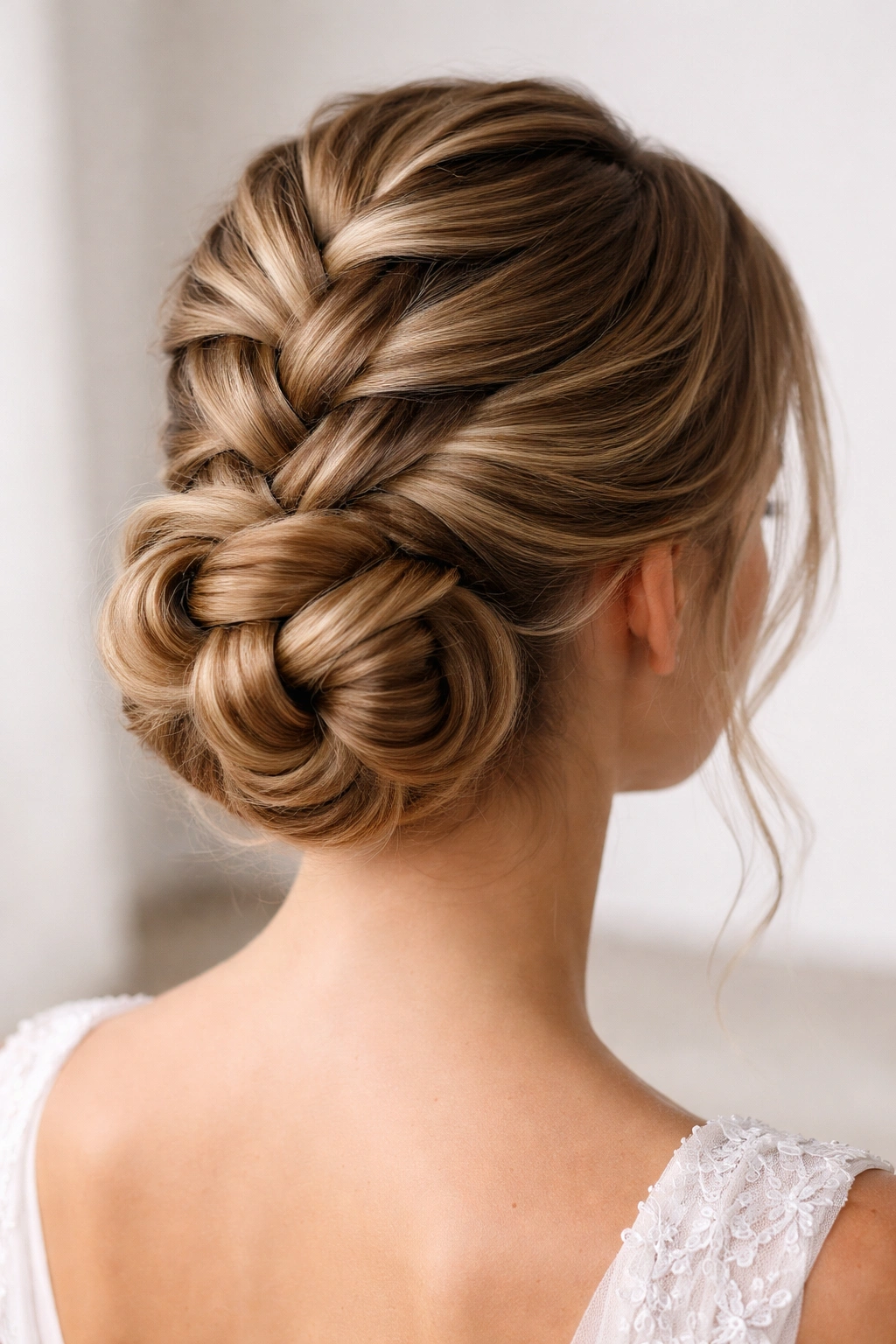 Dutch braid spiraling into a twisted sculptural bun