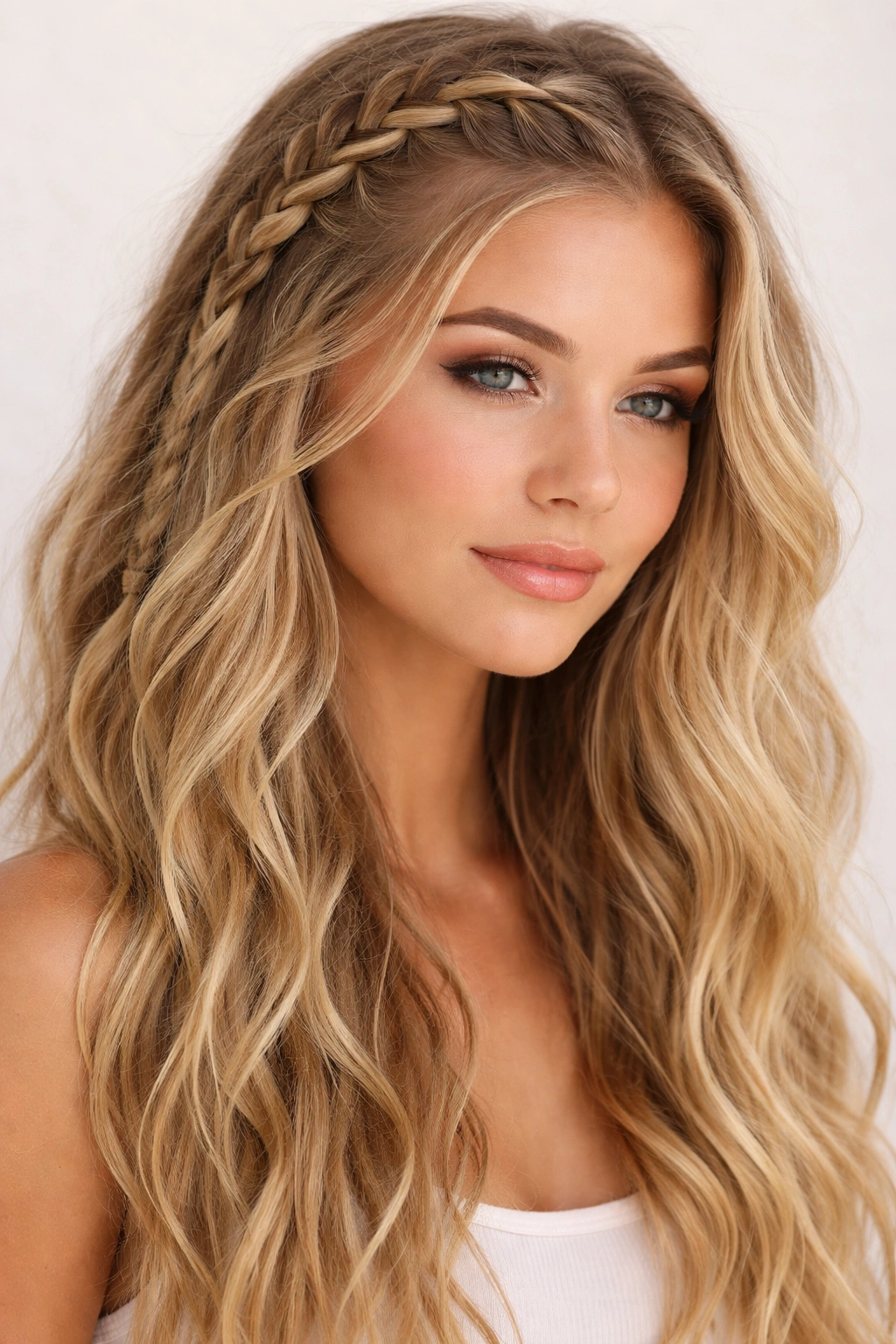 Front-side view of Dutch braid integrated with beach waves