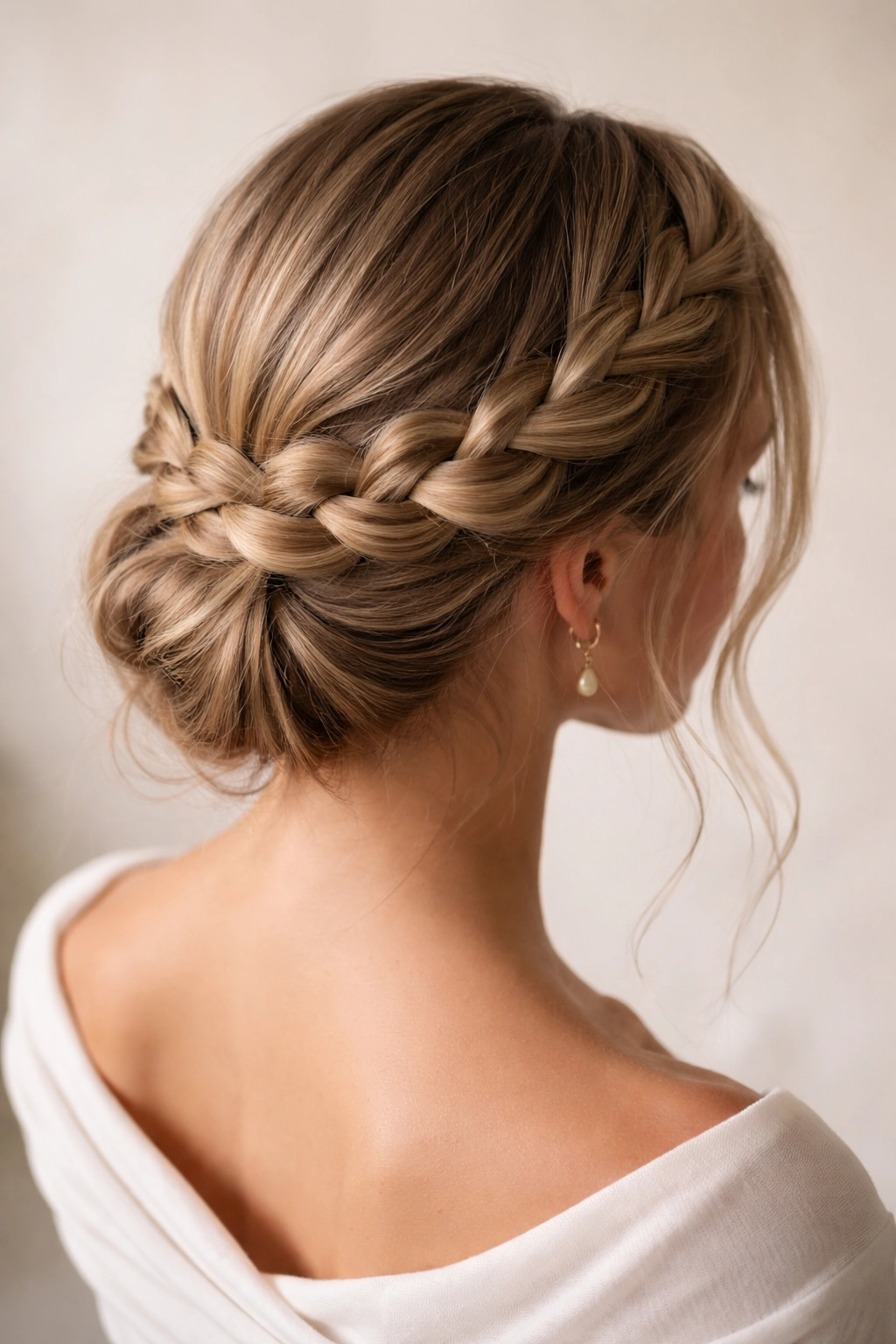 Dutch braid wrapped around back with relaxed texture