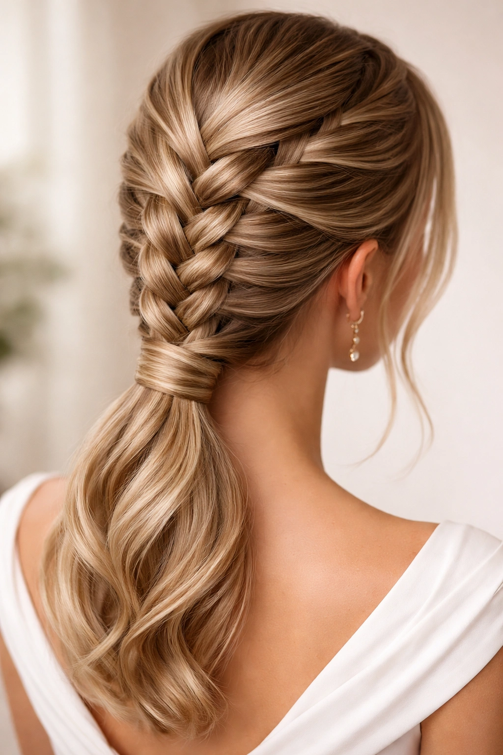 Close-up of a Dutch braid with a wrapped base at the nape