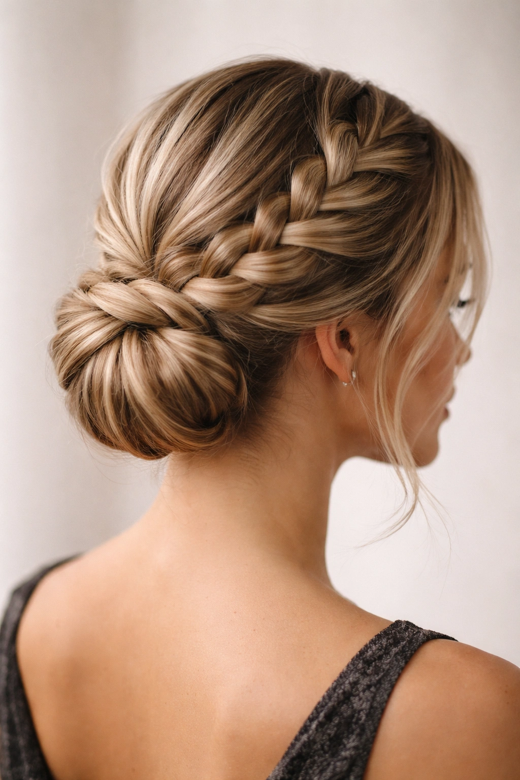 Dutch braid wrapped bun showing the wrap around a low bun against a neutral backdrop