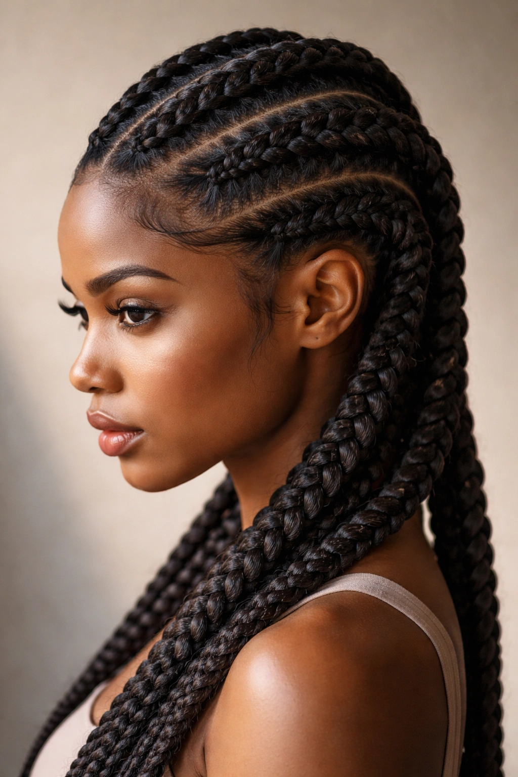 25 Braided Hairstyles For Black Women To Bookmark 18 Three-quarter view of a person with raised Dutch braids along the scalp