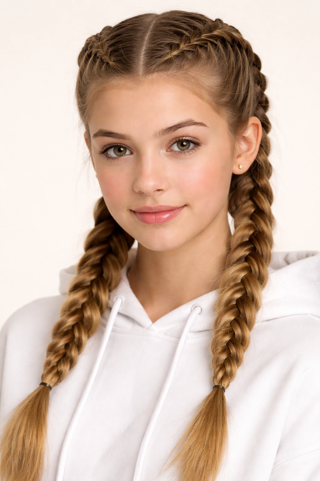 Teen girl with two Dutch braids along the scalp