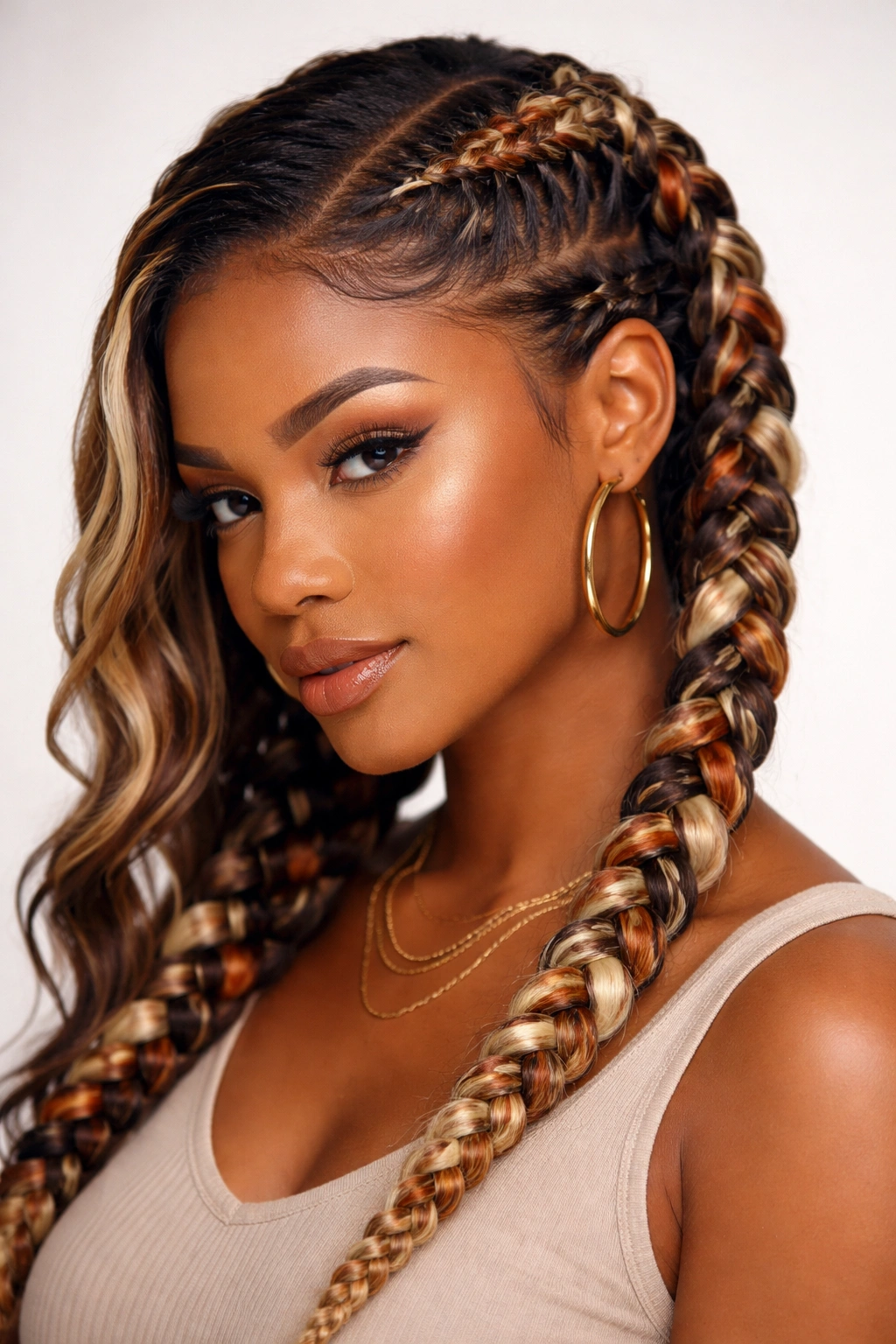 Dutch braids with color along a deep side part