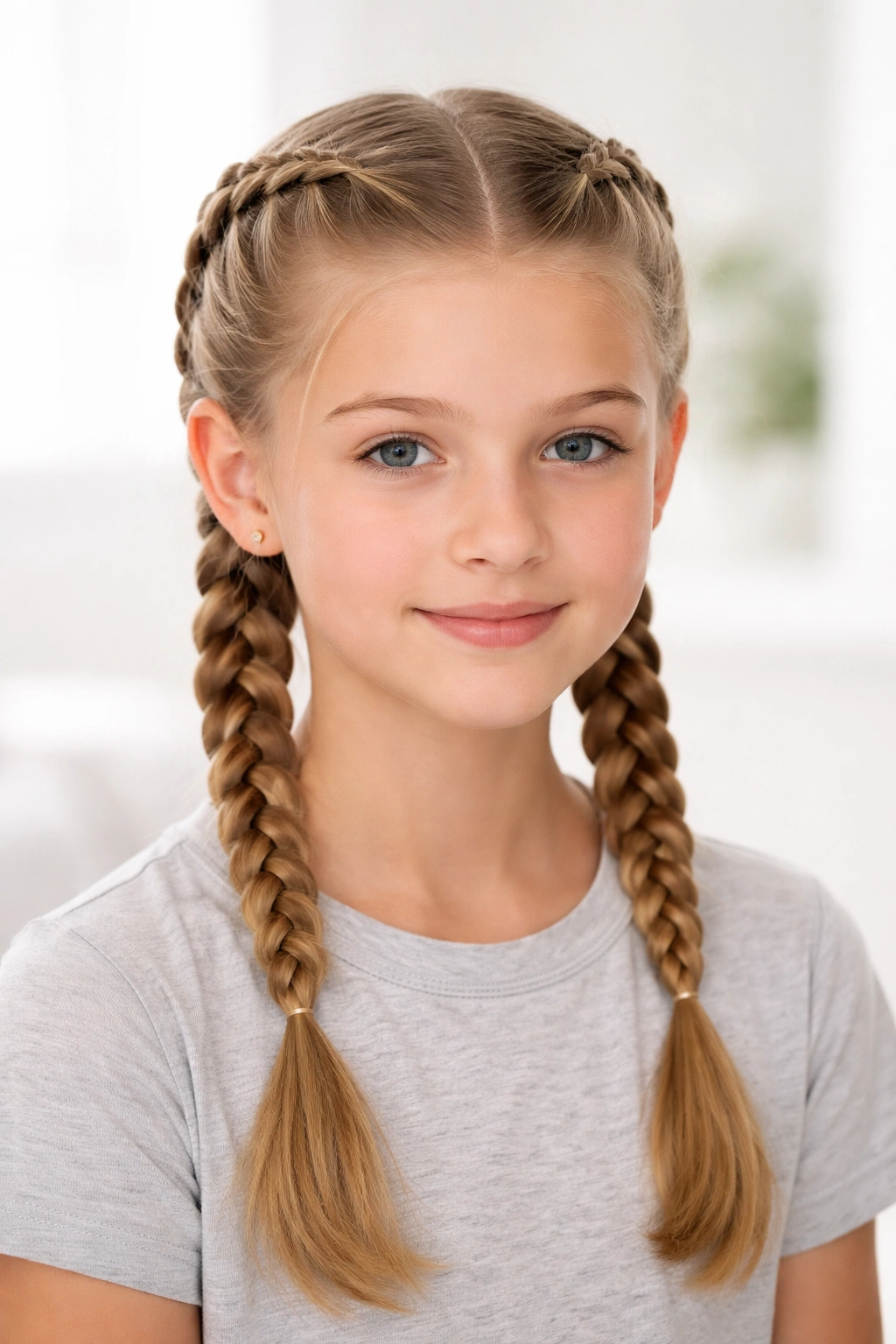 Two tight Dutch braids on each side with a straight middle part