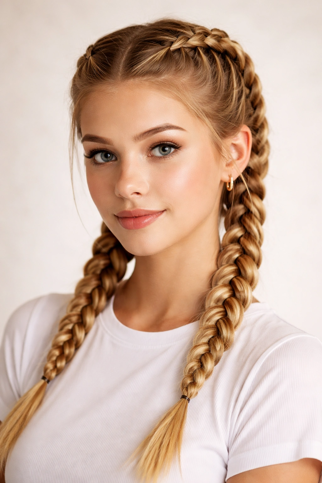 Head-and-shoulders showing two Dutch braids from hairline to nape