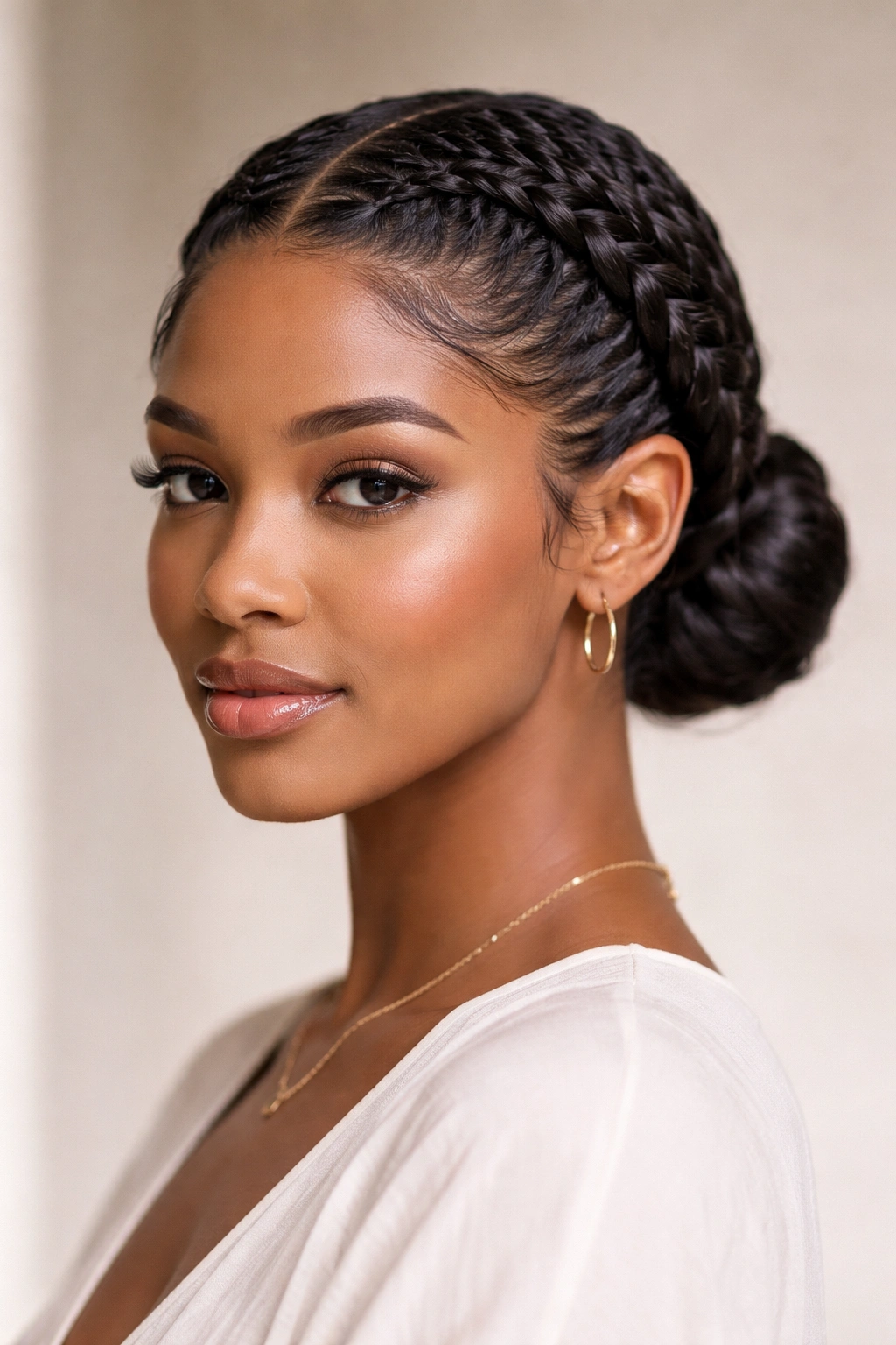 15 Protective Styles That Still Look Put Together 8 Front view of Dutch braids forming a low bun with raised texture