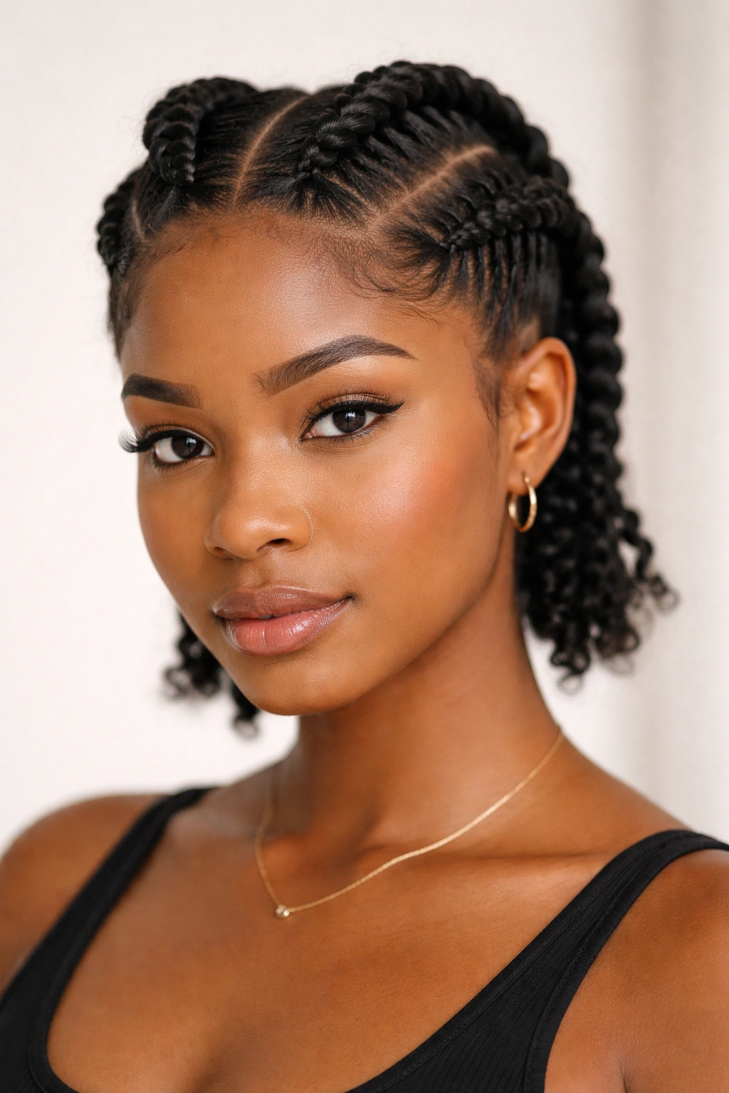 Front-facing close-up of short Dutch braids with raised, dimensional ridges on textured natural hair