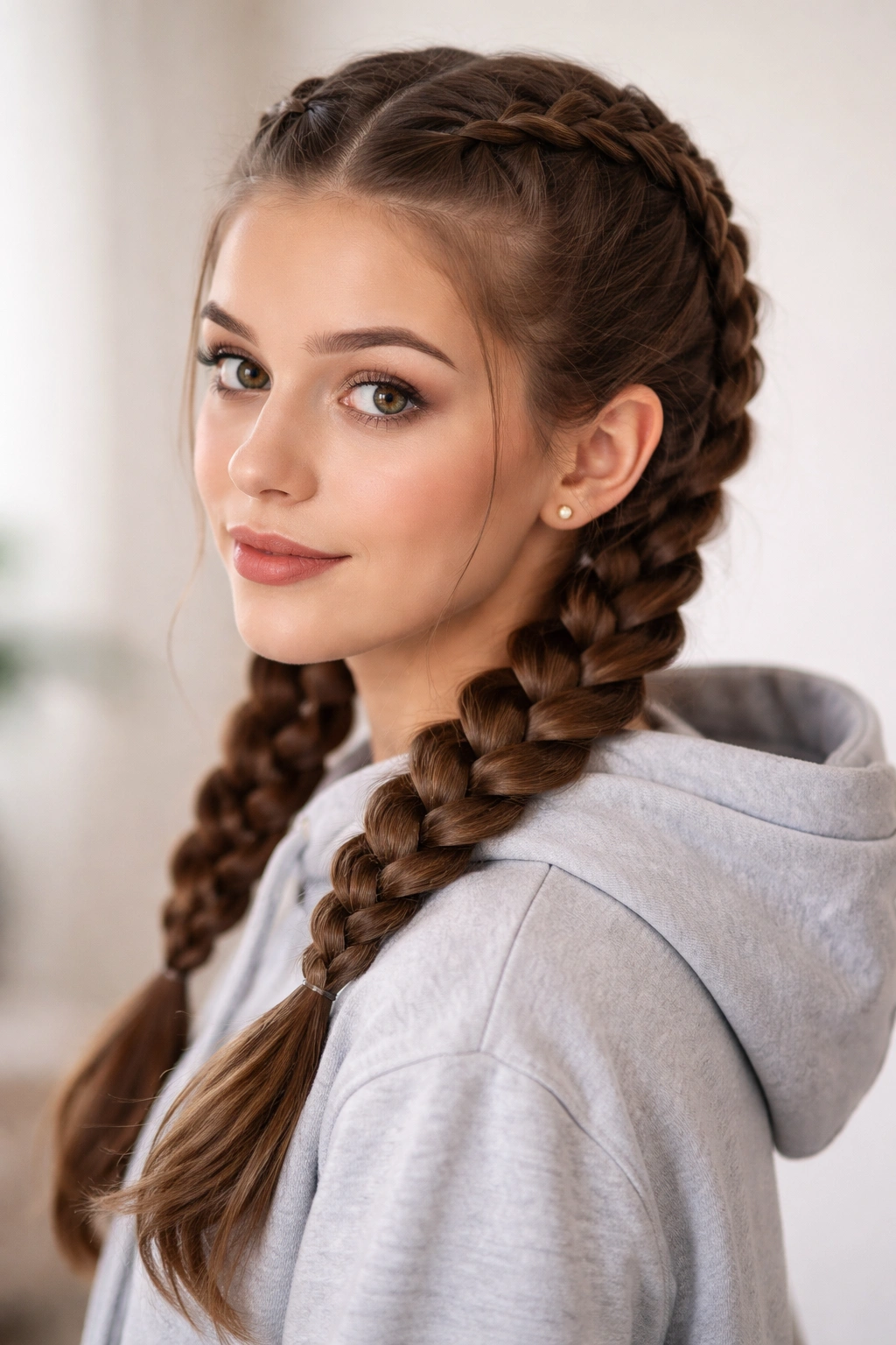 Dutch braids pigtails hairstyle with raised braids on both sides