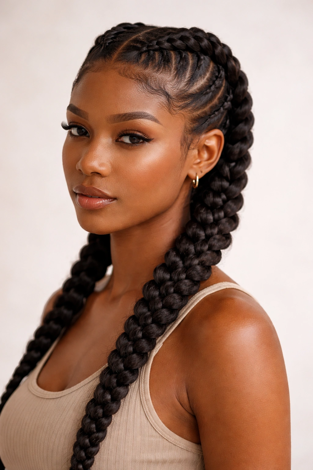 Portrait of Dutch Braids with raised inside-out plaits along the scalp.