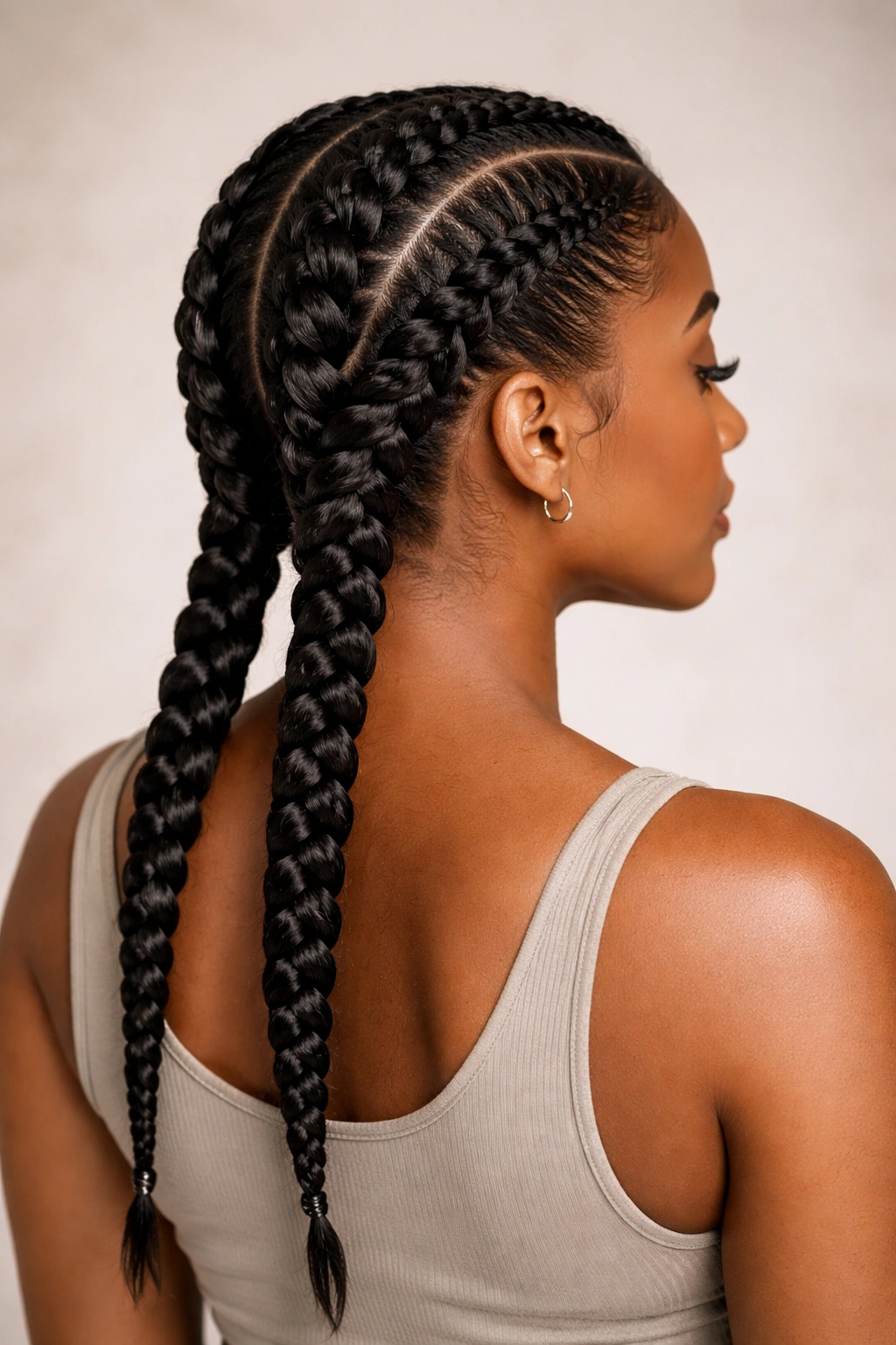 Two raised Dutch braids running down the back of the head with strong 3D texture