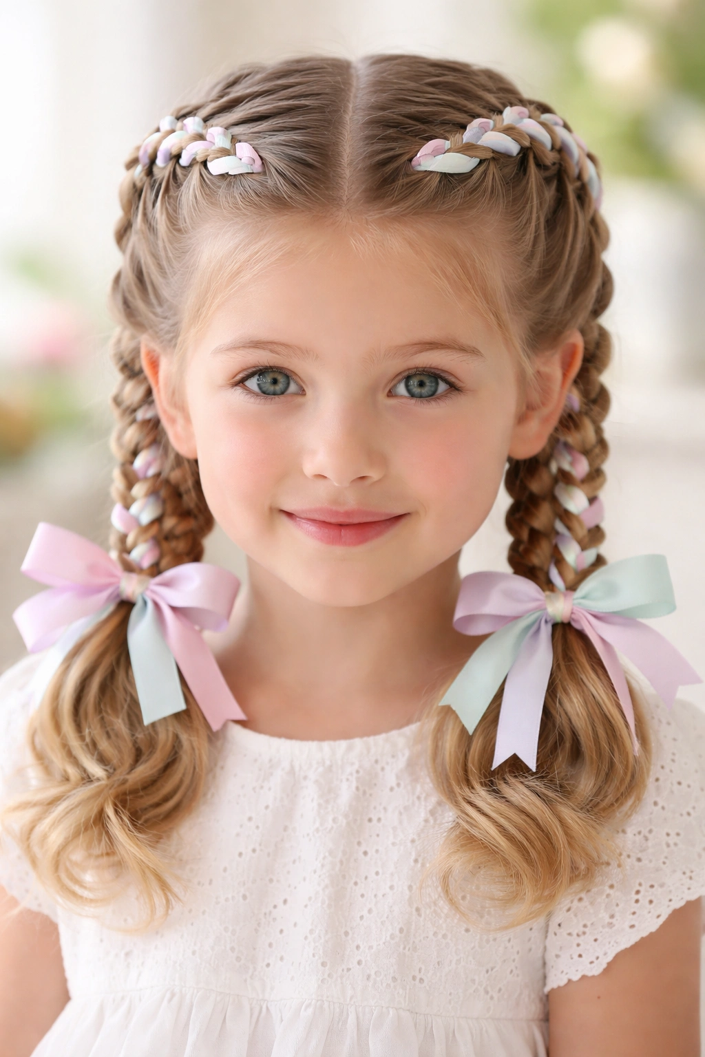 Front view of Dutch braided pigtails with pastel ribbons