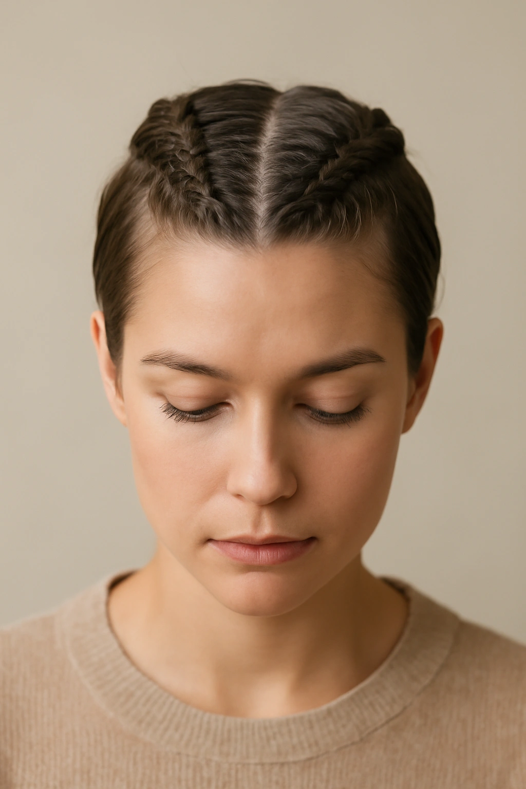 Close-up of two Dutch braids along the scalp with raised texture