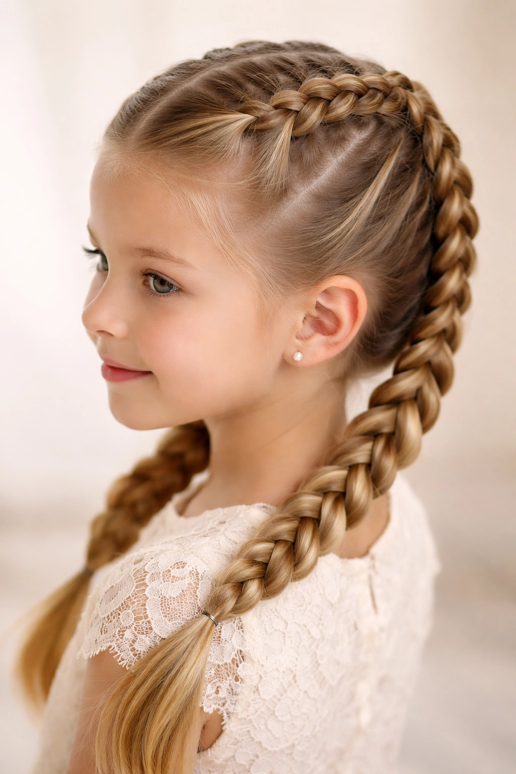 Child with Dutch braids looking to the side