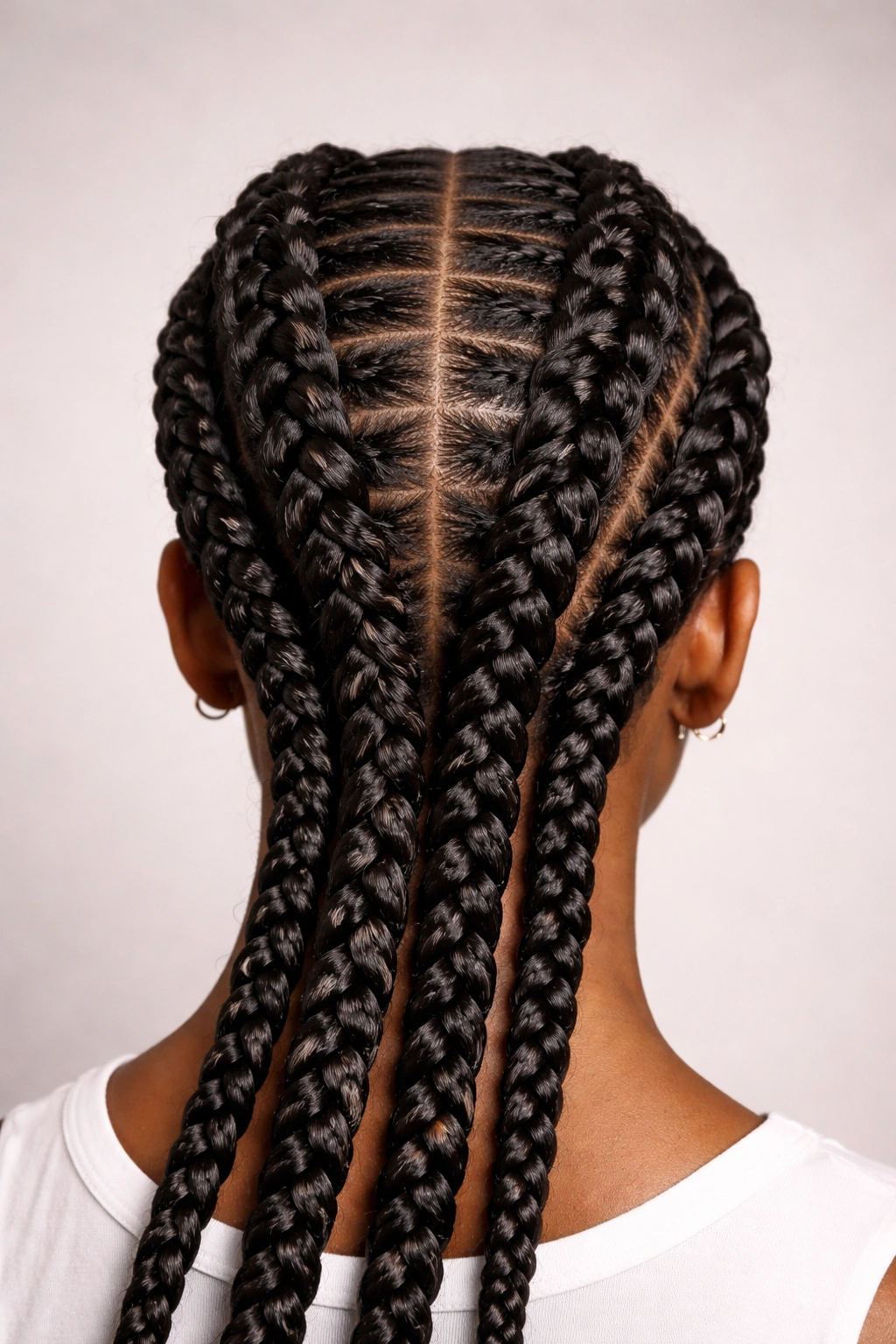 Close-up of bold Dutch braids with textured scalp