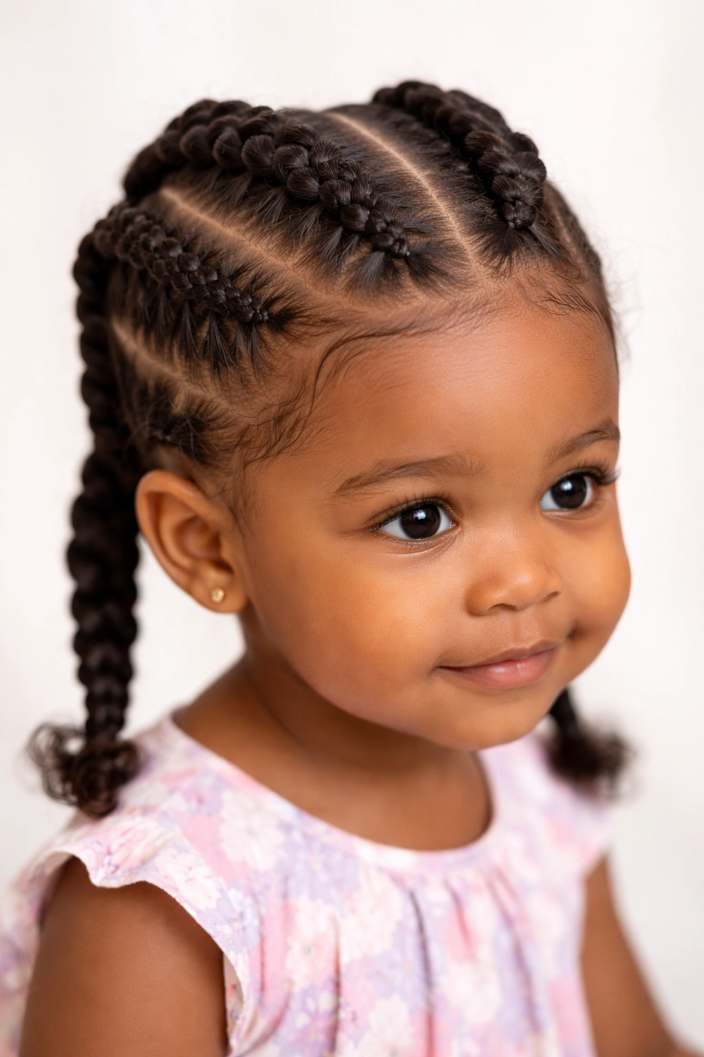 Close-up of Dutch braids on a Black toddler's head, showing raised rope-like texture