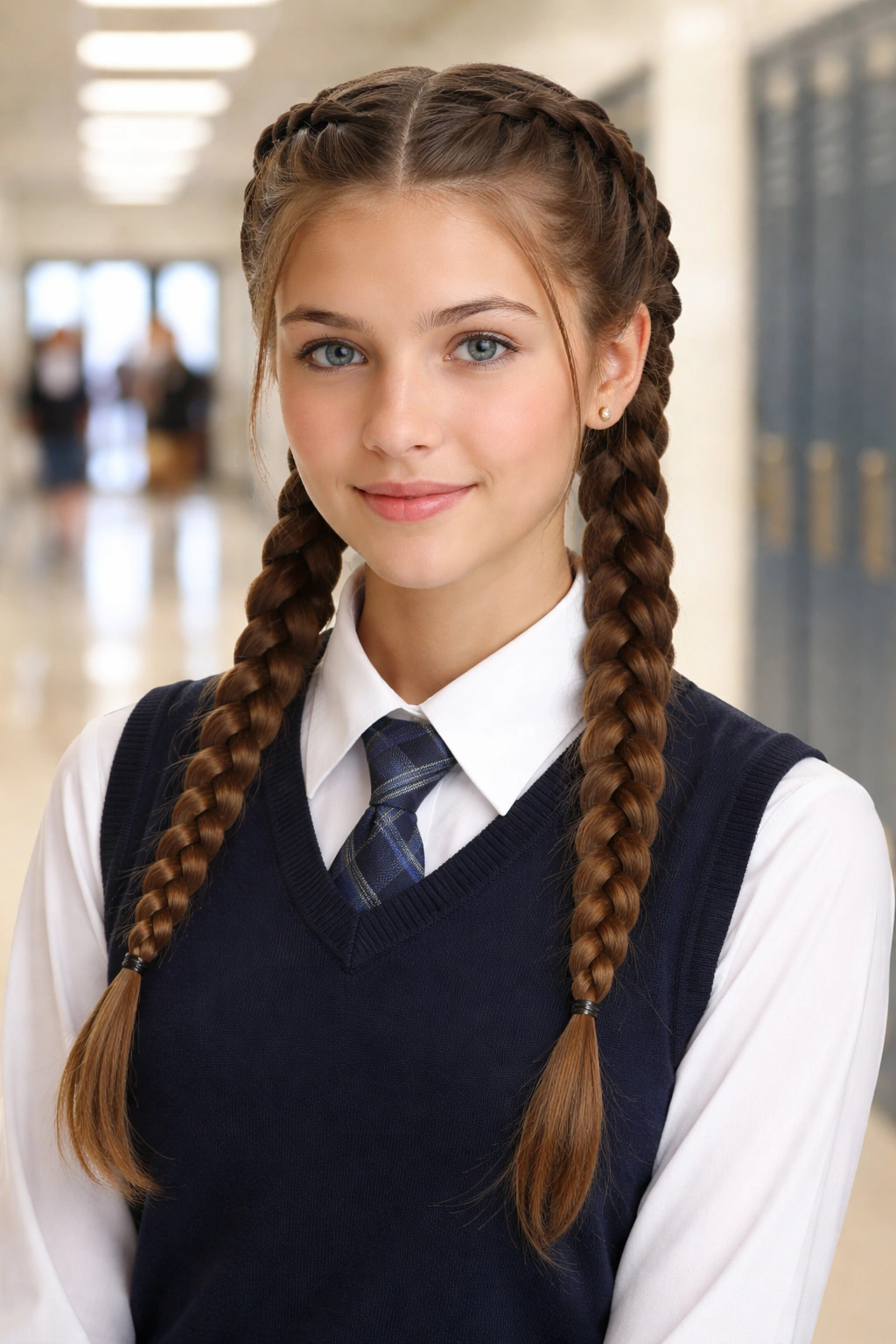 Two symmetrical Dutch braids neatly secured at the nape