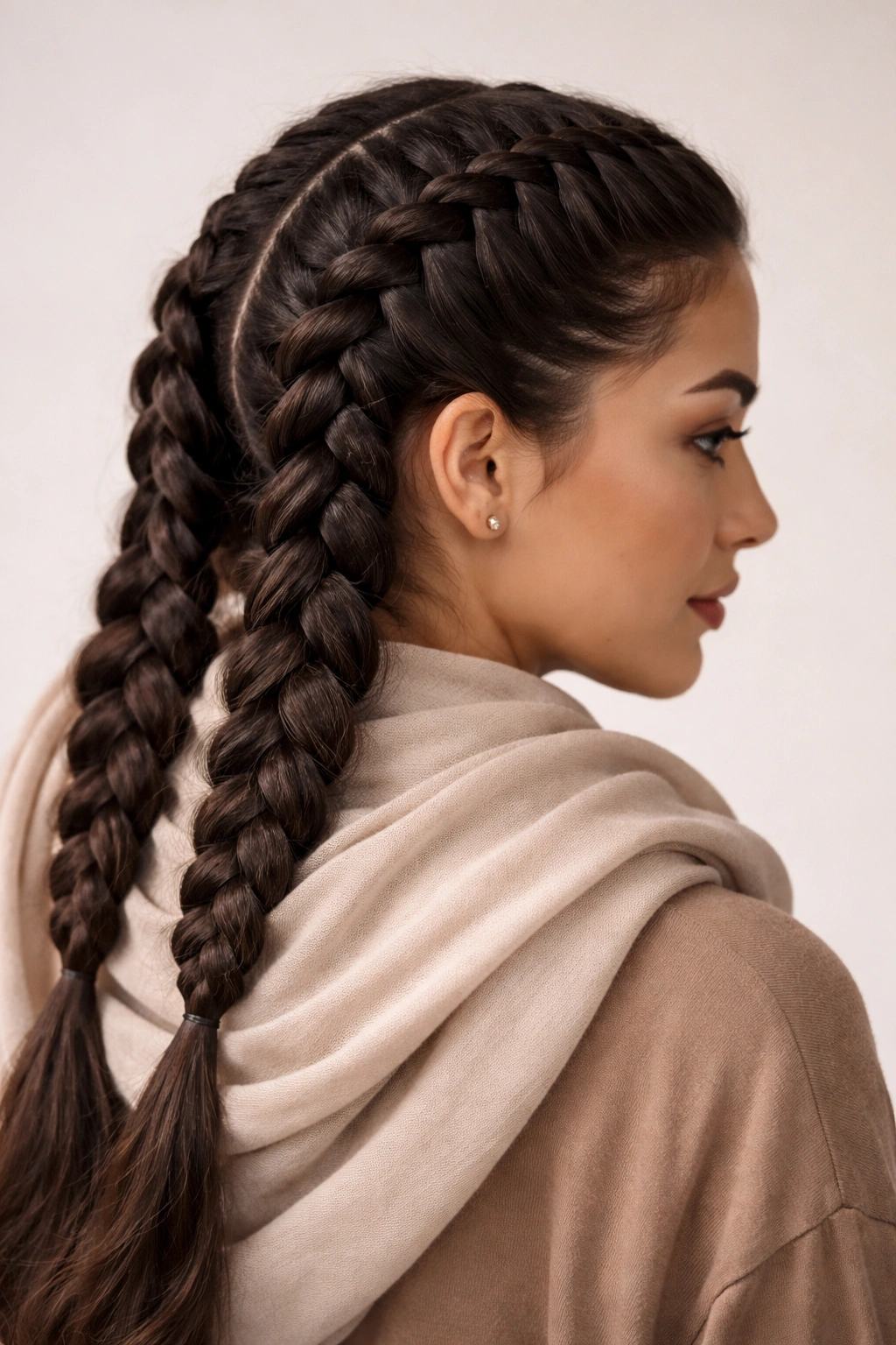 Two Dutch braids with bold texture along the scalp