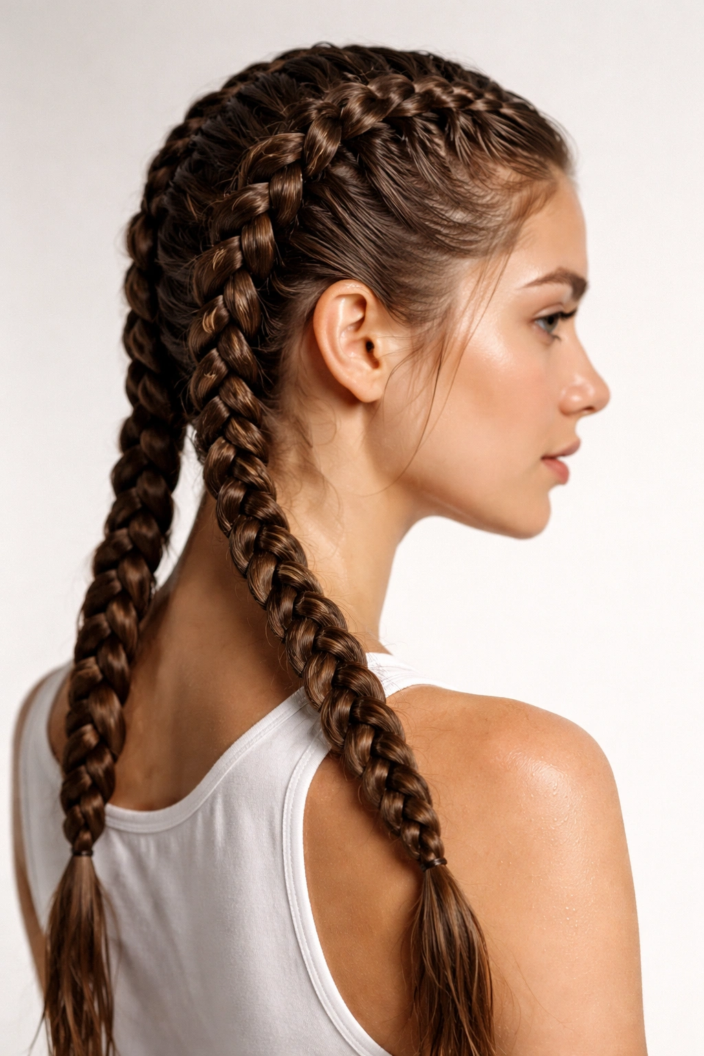 Two Dutch braids along the sides of the head on damp hair