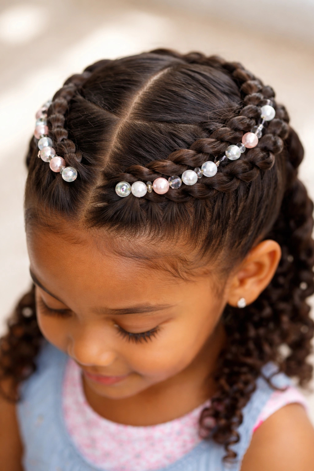 Close-up of a Dutch braid crown with beads along the crown