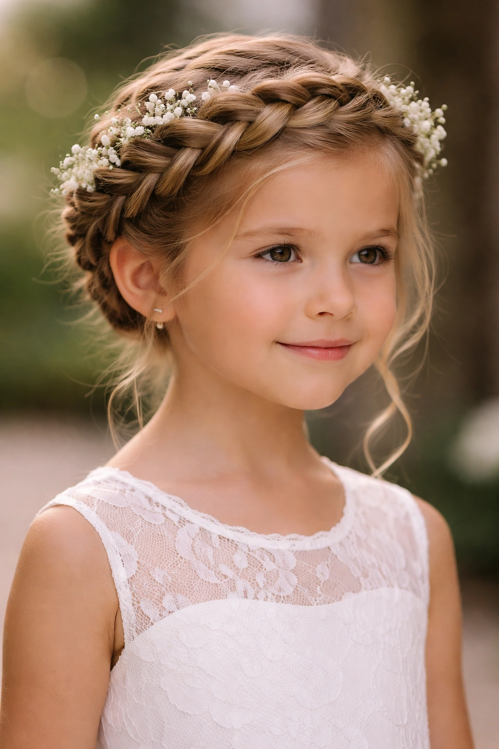 Flower girl with a raised Dutch crown braid around her head