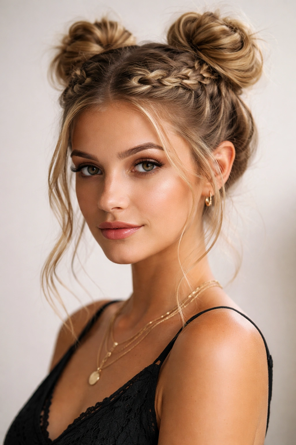 Front three-quarter view of a model wearing a Dutch crown braid with space buns