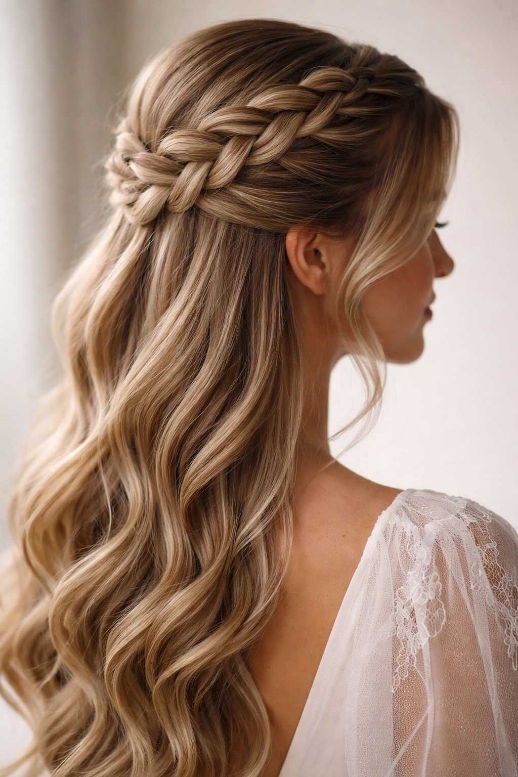 8 Half-Up Braided Styles That Were Made for Weddings 2 Close-up of a raised Dutch braid forming a formal half-up hairstyle