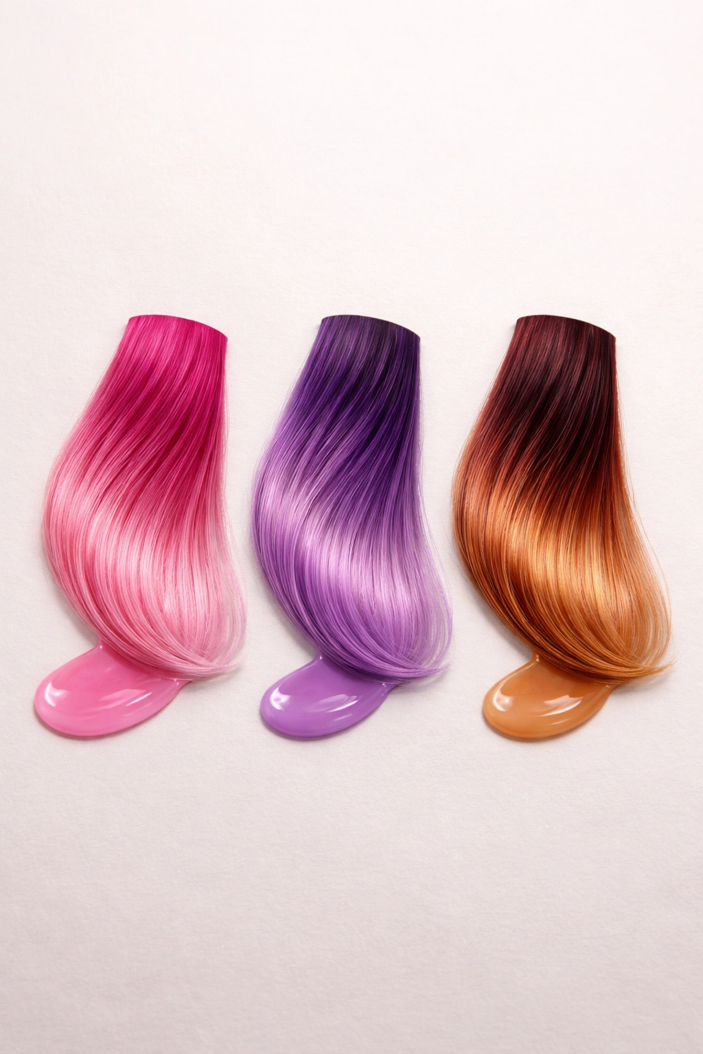 Three color swatches representing dye categories on a plain background