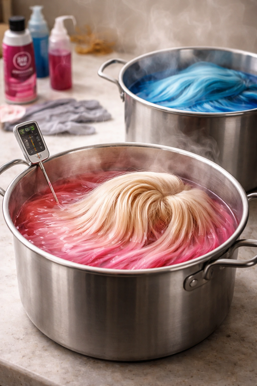 Synthetic wig submerged in dye bath with temperature control