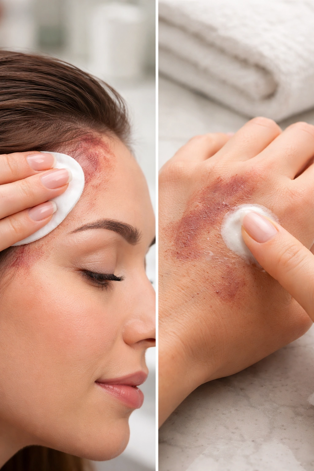 Close-up of hairline skin and stained hands showing dye removal techniques on delicate facial skin and hands