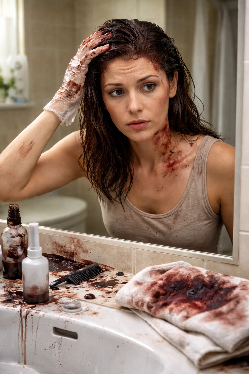 Person with dye stains around hairline and neck in bathroom, towel stained