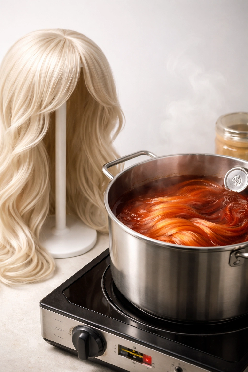 Pale synthetic wig beside a dye bath in a pot showing color in liquid