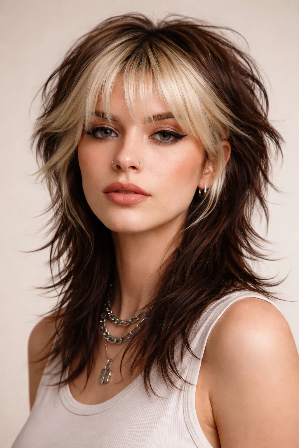 15 Mullet Shag Cuts With The Best Of Both Styles 9 Dyed Contrast Mullet Shag with color-blocked front and back in studio portrait