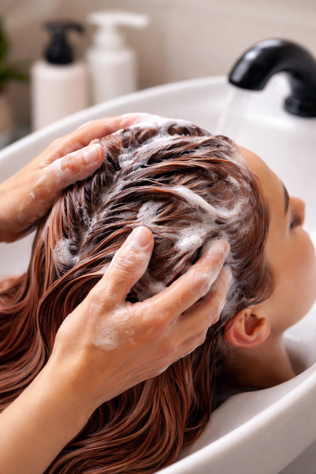 Hands applying gentle shampoo to a dyed scalp at a salon sink