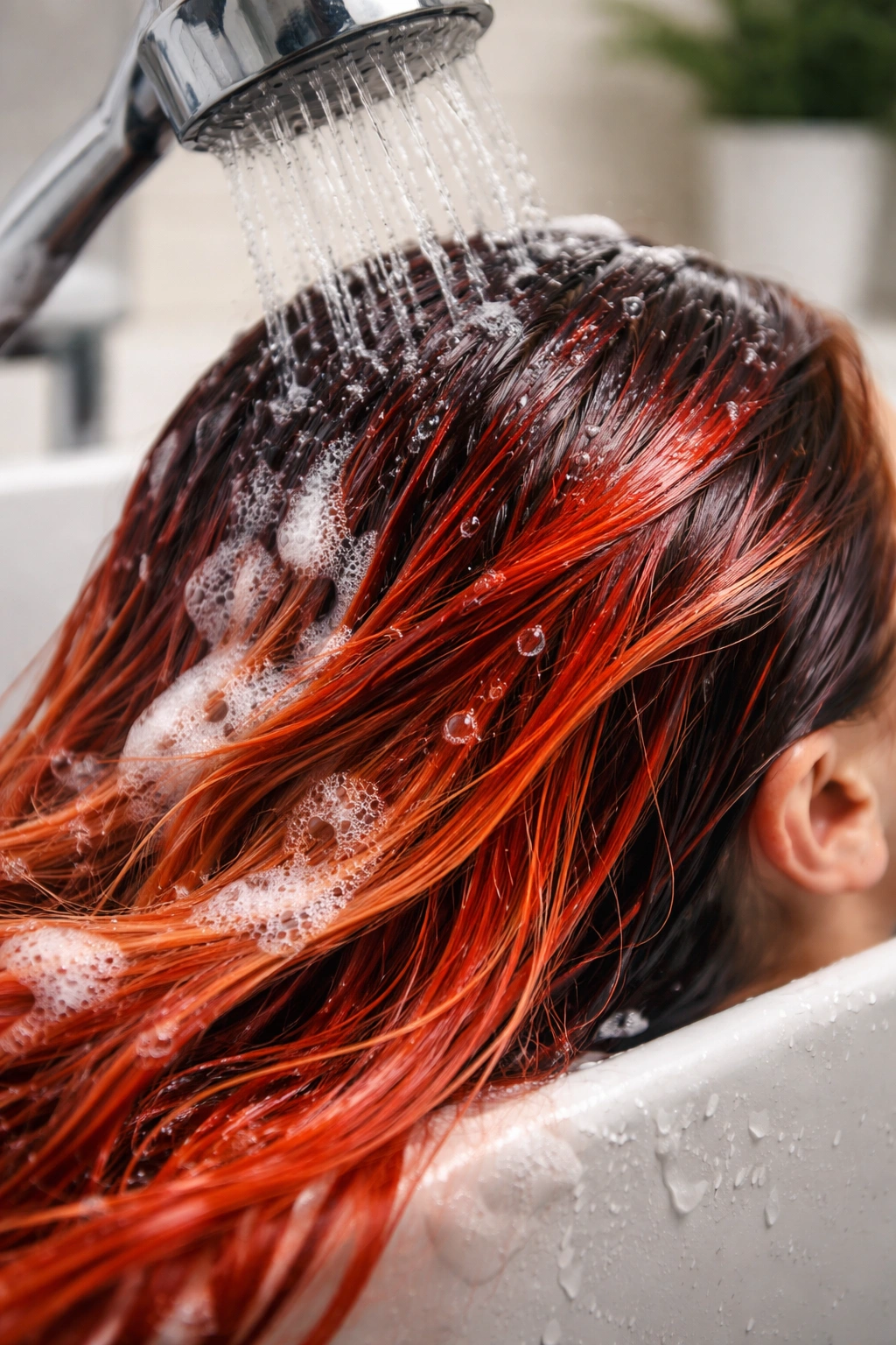 Close-up of dyed hair being washed with water droplets and color shine