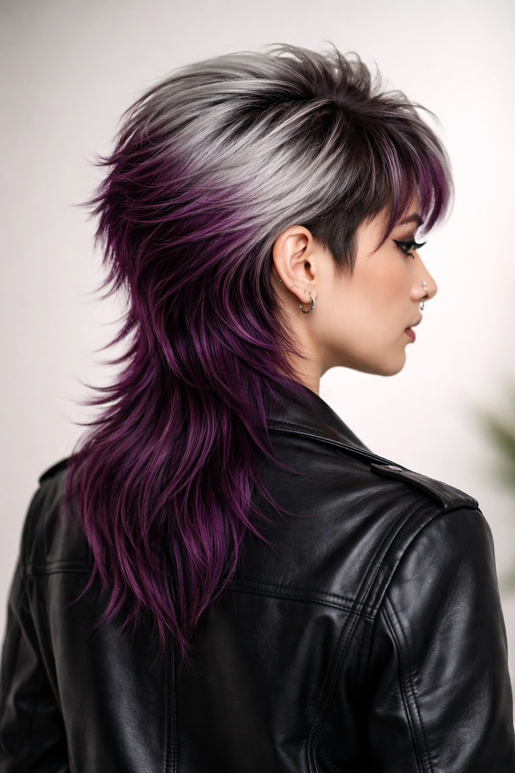 Portrait of a person with a silver-to-plum dyed mullet, highlighting color gradient and layered silhouette