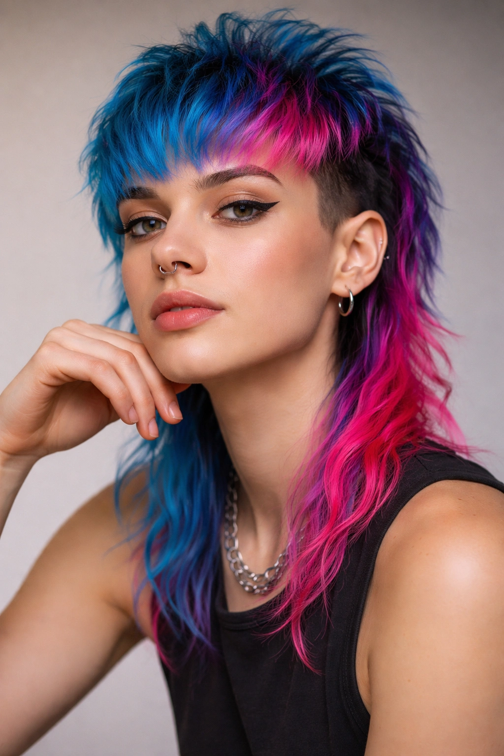 12 Dyed Mullet Haircuts Full Of Personality 13 Close-up portrait of person with bold dyed mullet in electric blue and pink, studio lighting