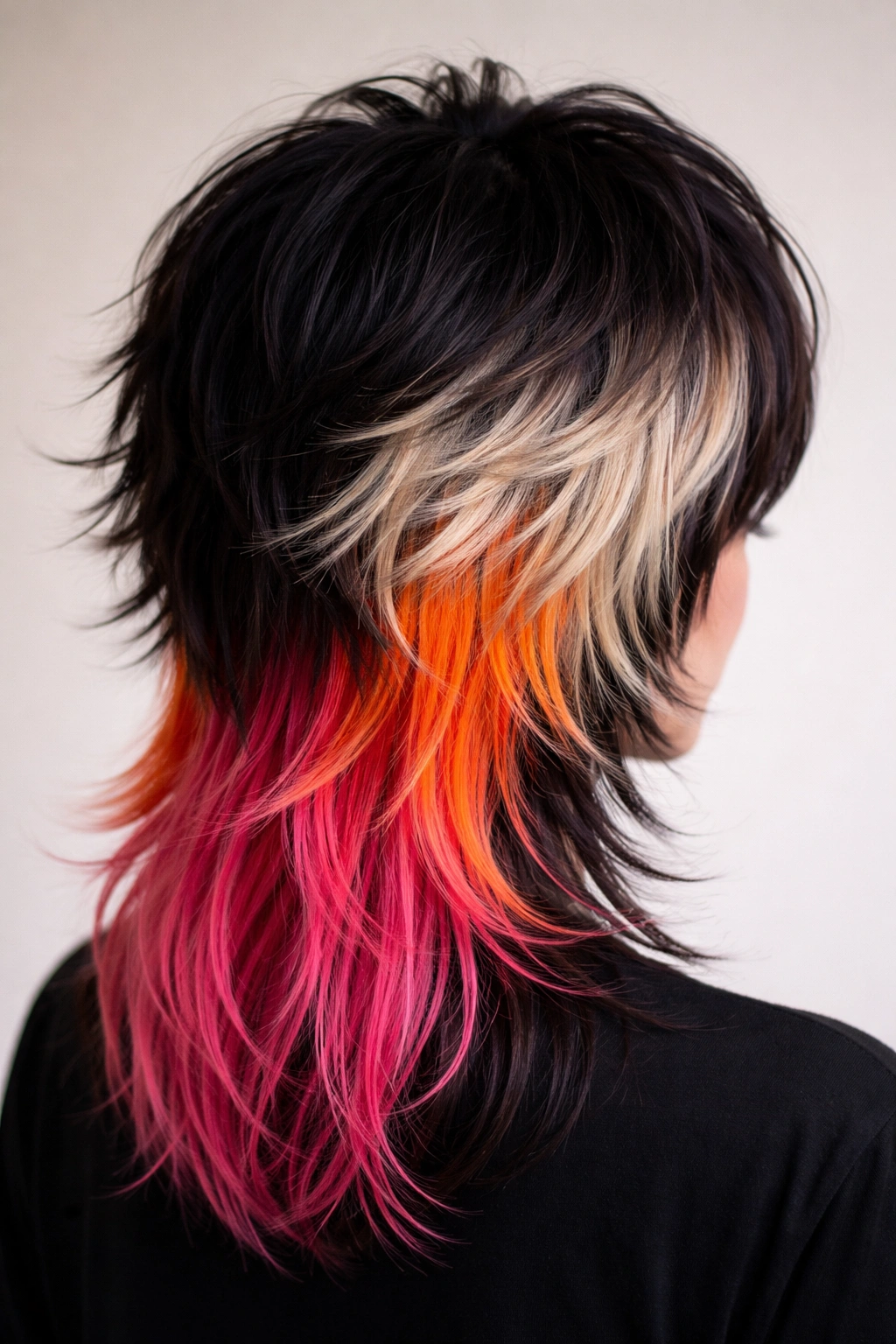 12 Shullet Haircuts That Mix Shag And Mullet 7 Close-up of a dyed shullet with dark base, lighter layers, and bold back color.