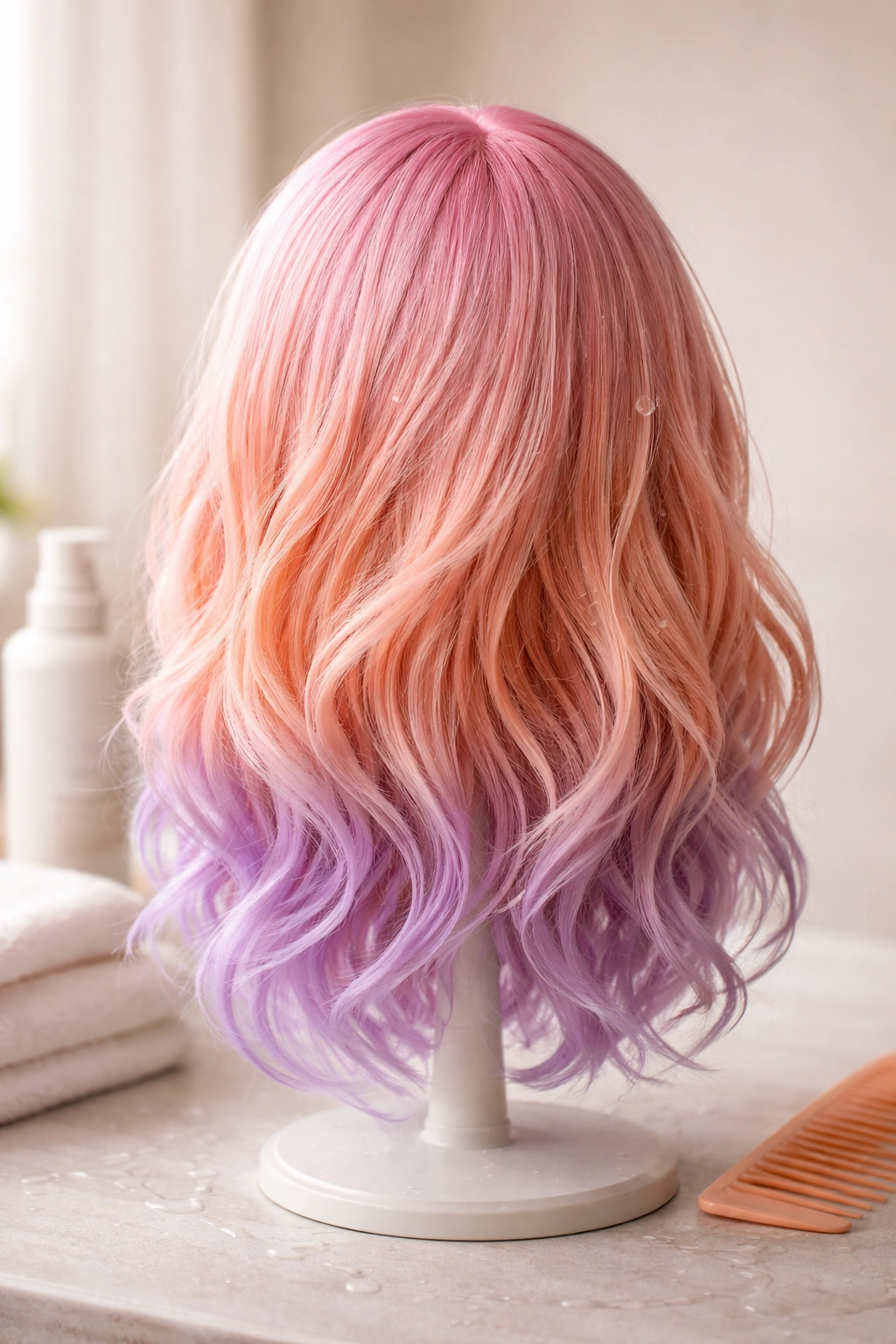 Dyed synthetic wig on stand with water droplets suggesting washing and conditioning