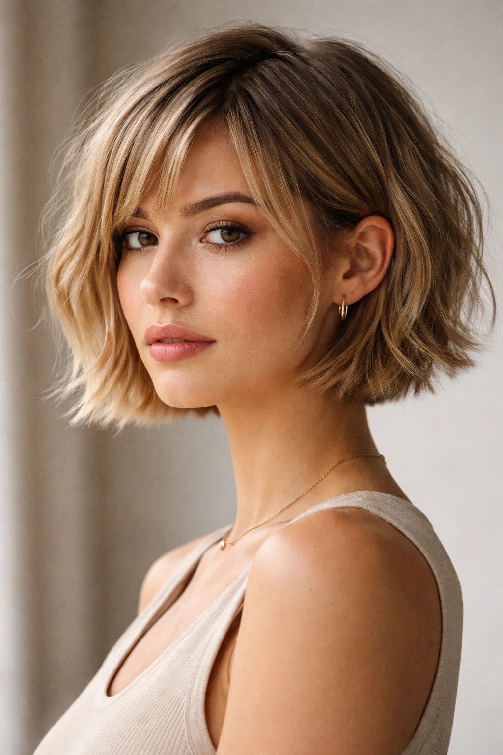 Ear-length bob with choppy texture on model