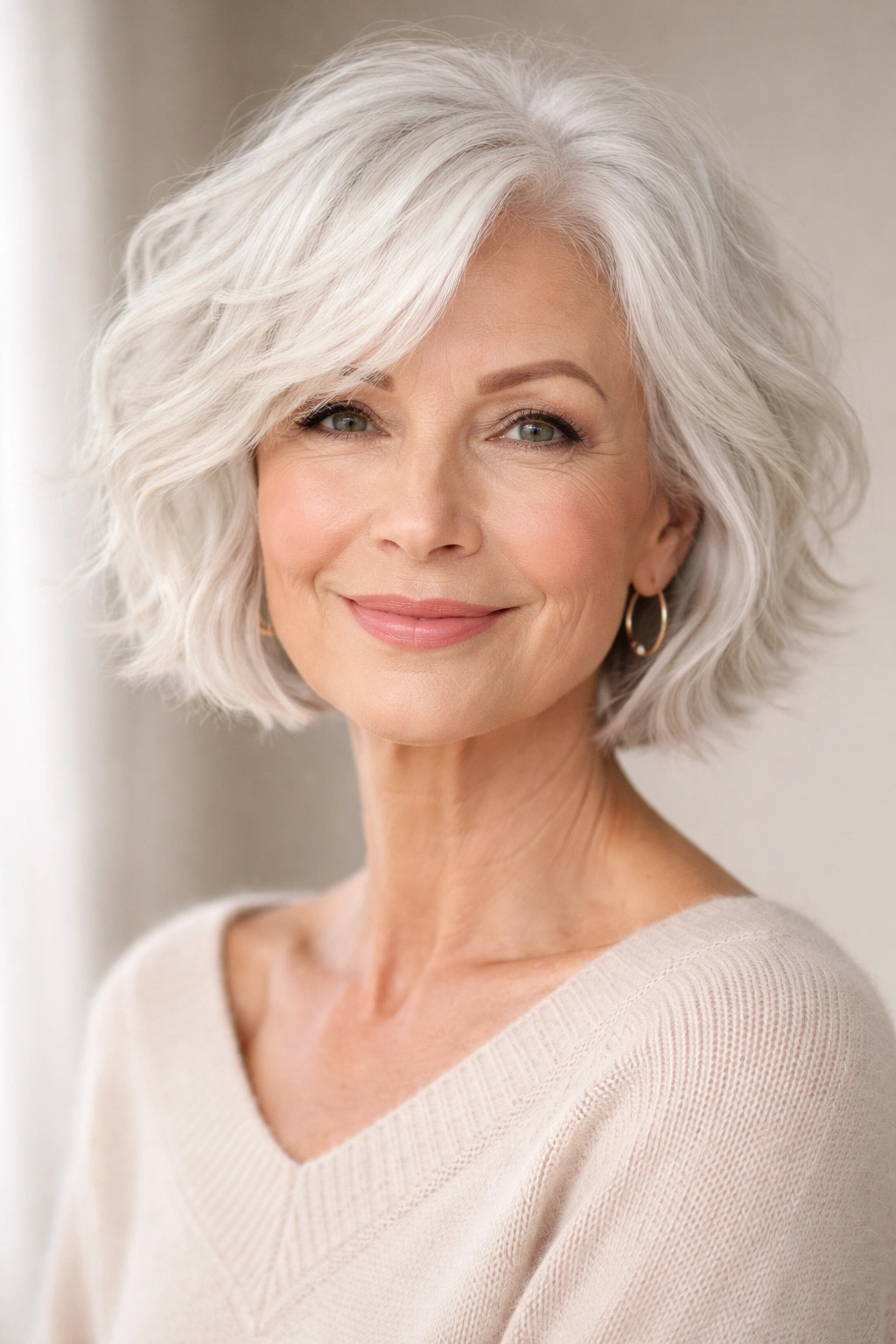 Ear-length textured bob in natural white with loose waves