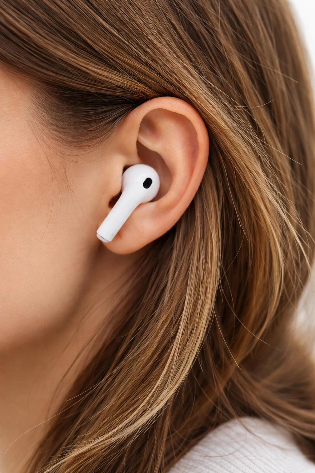 Close-up of wireless earbuds in ear, illustrating alternatives to headbands