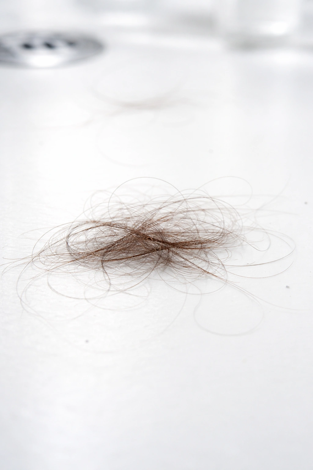A few postpartum hair strands on a pale background indicating early onset