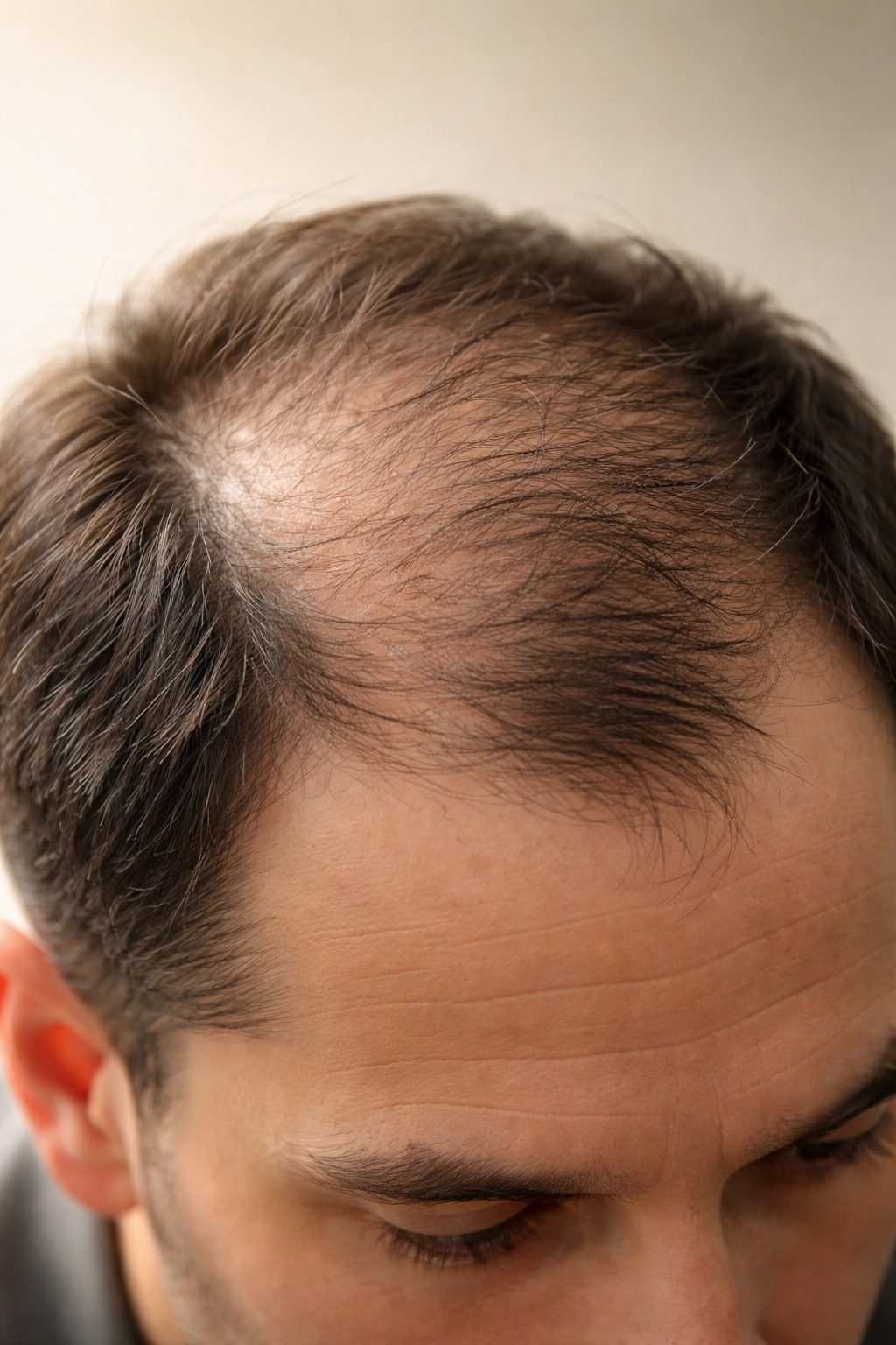 Scalp close-up showing early signs of DHT-related hair loss with thinning areas