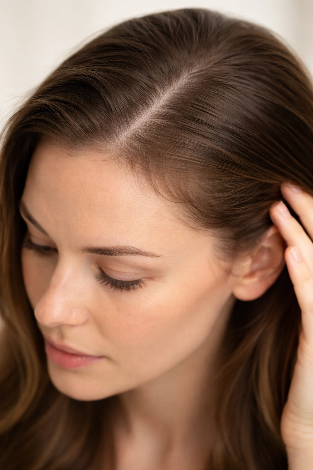 Close-up of scalp with early thinning at temples