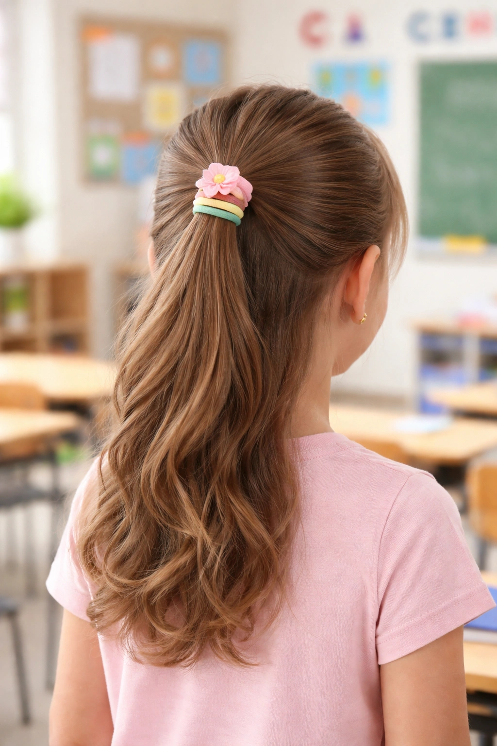 Half-up ponytail with pastel elastics for a practical school hairstyle